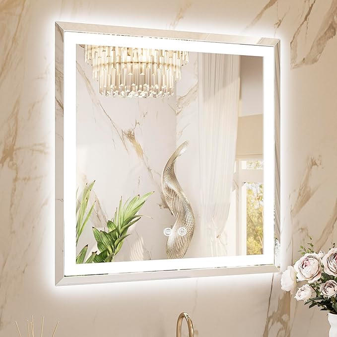 TETOTE Led Lighted Bathroom Mirror with Beveled Edge, 30 x 30 Inch Frontlit & Backlit Bathroom Vanity Anti-Fog Mirror with Extra-Bright Lights, 3-Color Dimmable, Tempered Glass, Waterproof