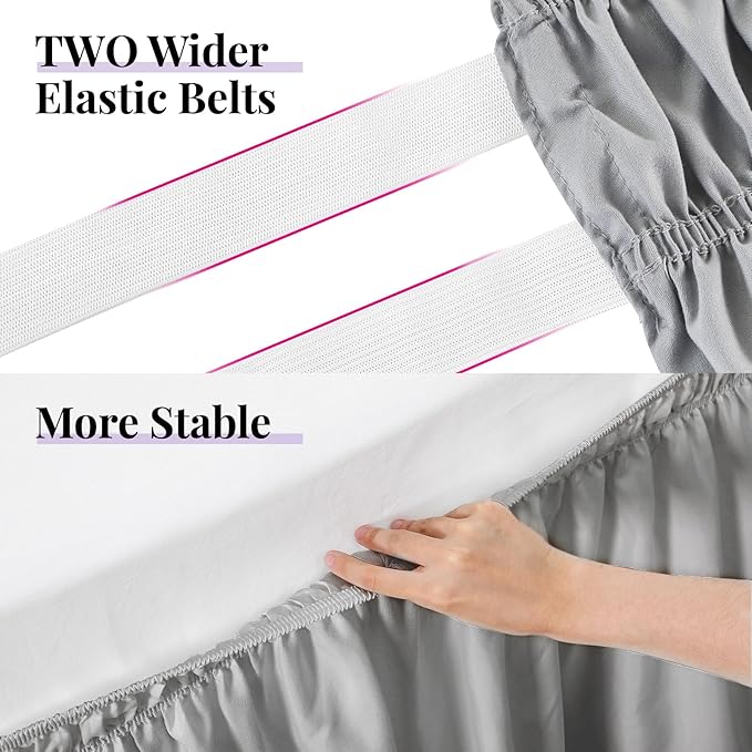 RIMELA Gray Queen Bed Skirt 12 Inch Drop,Elastic Bed Skirts Queen Size Dust Ruffle, Light Grey Bedskirt for Adjustable Bed Base Solid Fade Resistant Silky Fabric Machine Washable Easy to Install