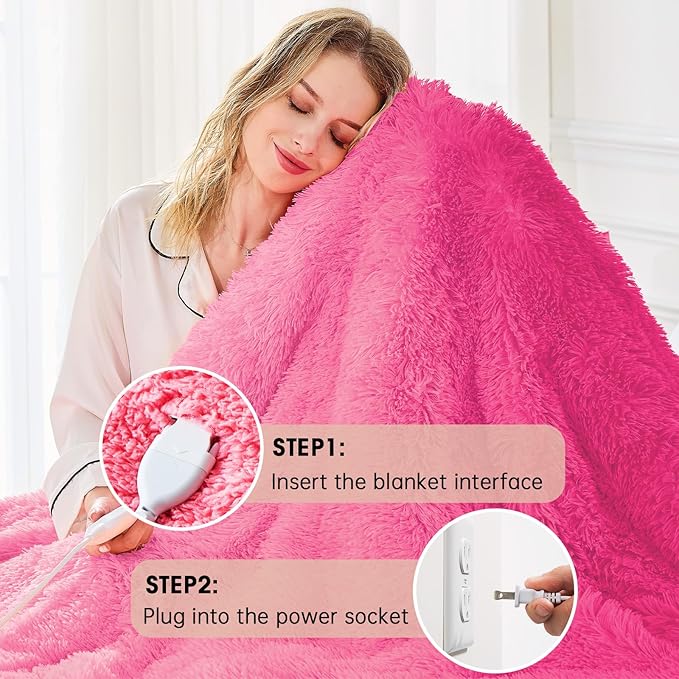 Heated Electric Blanket Twin,Warm Winter Birthday Gifts for Women Her Grandma–Faux Fur with Soft Sherpa,10 Heat Settings,5 Time Settings with Fast Heating, 62x84, Rose Red