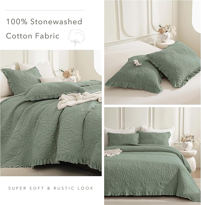 QSH Olive Green Stonewashed Cotton Oversized King Quilt Bedspread Set(128"x120"),3PCs Farmhouse Ruffled Bedspread California King,Ultra Soft Lightweight Crinkled Quilt Coverlet Set with Pillow Shams