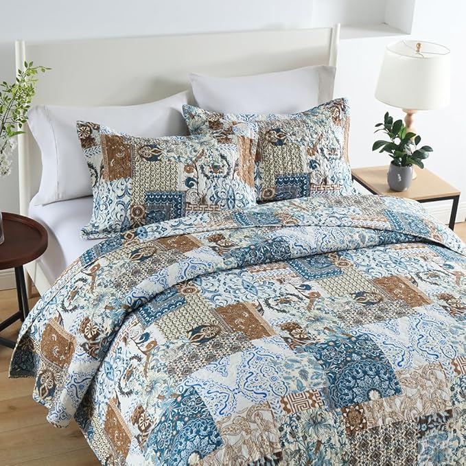 ENASAL Cotton Bedspread Quilt Bedding Sets Reversible Coverlet Comforters Blue Bohemian Rustic Floral Patchwork Pattern Bedspread for All Season,Queen Size