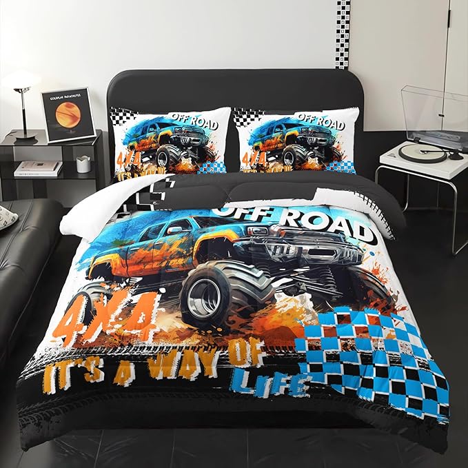 Off Road Truck Comforter Queen Size for Boy，Off Road Truck Bedding Queen Size，with 1 Comforter with 2 Pillow Case，Off Road Truck Bedroom Decor