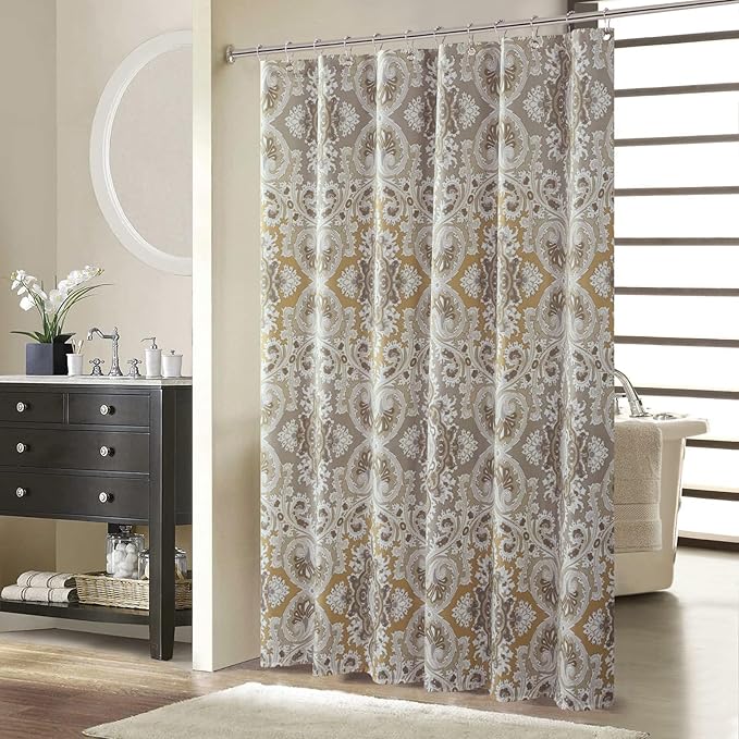 Stall Fabric Shower Curtain, Beige and Grey Printed Boho Paisley Damask Pattern Shower Curtains for Bathroom, Waterproof Bathroom Curtains, 54" W x 72" H