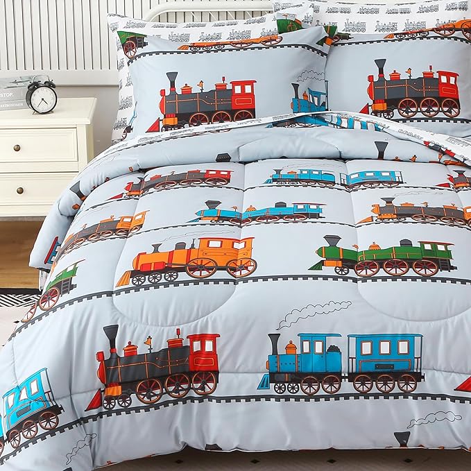 Viviland Kids Full Bedding Sets for Boys, Soft Full Comforter Set with Sheets, 7 Pieces Microfiber Bed in a Bag, Light Grey Train