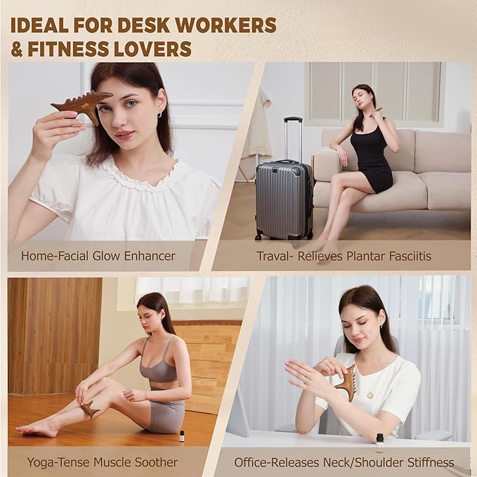 Body Gua Sha Tool Set with Rose Oil – Wood Therapy Massage Tools for Body & Face, Lymphatic Drainage Massager for Relaxation, Deep Tissue Massage & Foot Care, Self Care Gift for Women