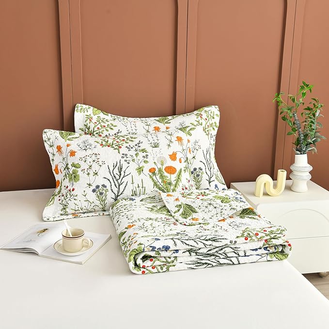 Lady Ann 100% Cotton Floral Quilt Sets Queen - Yellow Flowers & Leaves Pattern Plant Botanical Printed Quilted Bedding, 3 Pcs Lightweight Extra Soft Queen Bedspread Coverlet Set for All Season