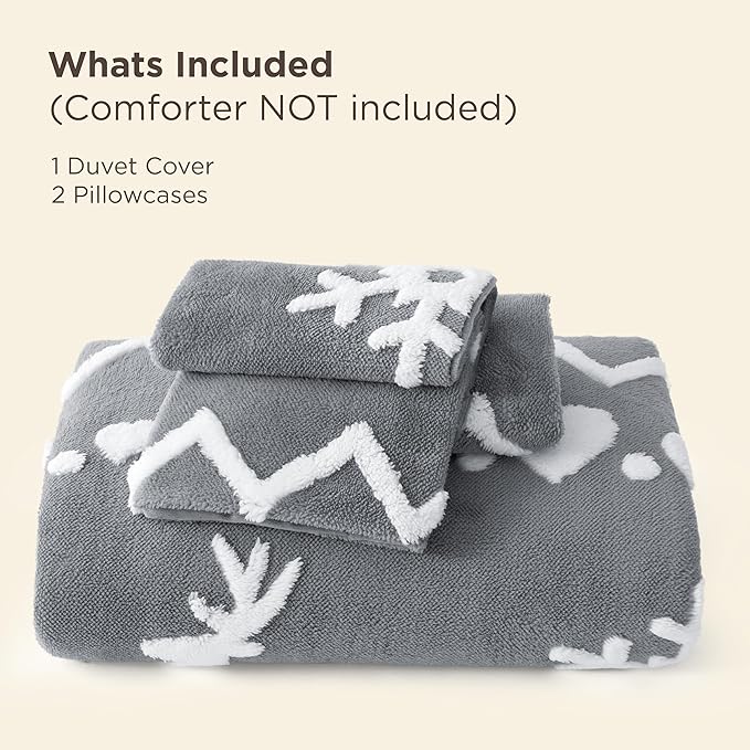 Bedsure Fluffy Christmas Duvet Cover Set - Ultra Soft Plush Shaggy Comforter Cover Queen Size, Warm Flannel Fleece Bed Sets for Winter, 3 Pieces, Reindeer Pattern, Grey