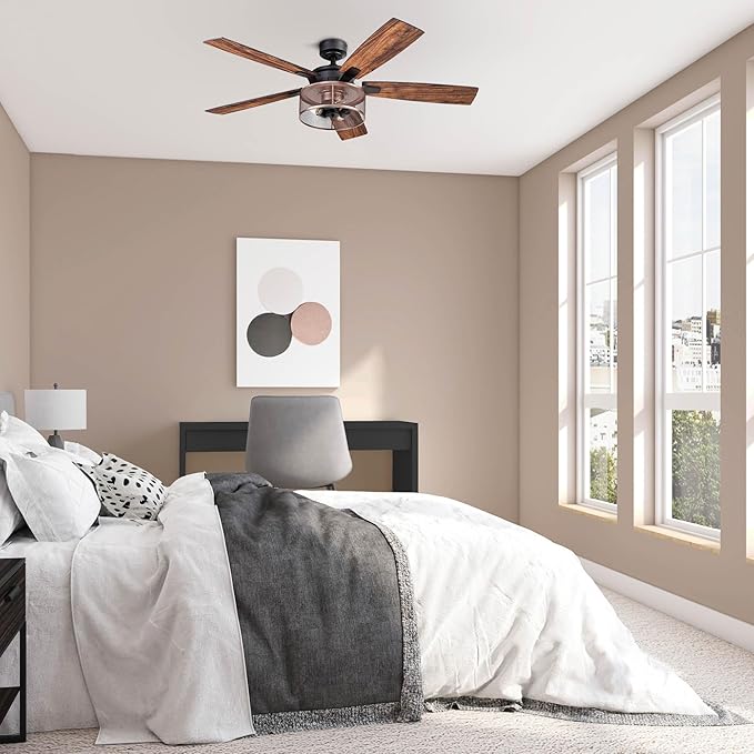 Honeywell Ceiling Fans Carnegie Industrial 52 Inch Ceiling Fan with Light, Remote Control Fan, LED Indoor Fan with 5 Blades, Black Oak and Brown Mopane Blade Finish Options, Copper (51459-01)