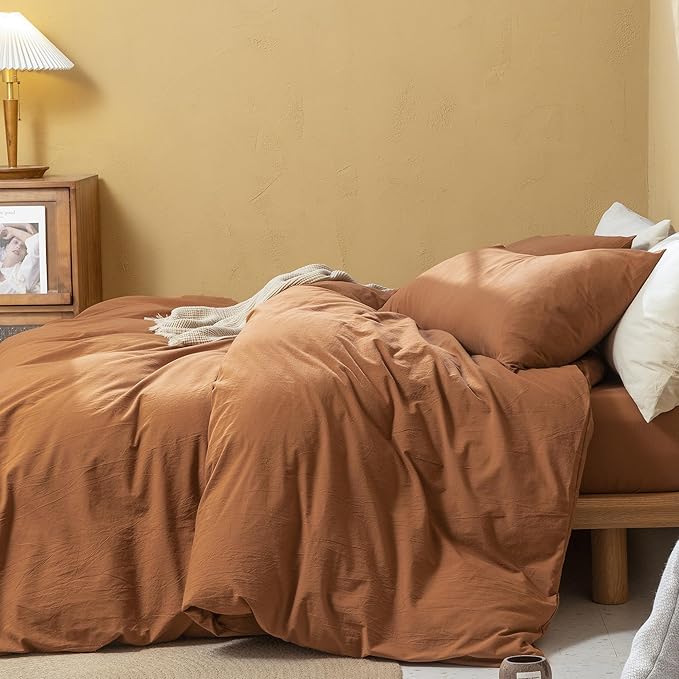 FOSSA Duvet Cover Set 100% Washed Cotton Linen Feel Super Soft Breathable Cozy Simple Style 3 Pieces Bedding Sets Solid Dark Orange Twin/Twin XL