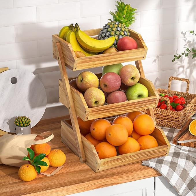 G.a HOMEFAVOR Wooden 3 Tier Fruit Basket, Brown, Pine Wood, Sturdy, Self-assembly