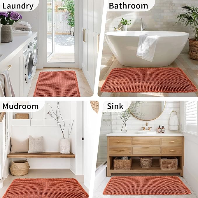 Waffle Bath Mat - Boho Bathroom Rugs Non Slip Washable, Super Absorbent & Quick Dry, Soft Bath Mat Farmhouse Bathroom Decor, 24'' x 48'', Dirty Orange