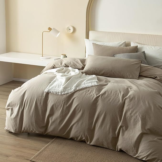 JIYUAN 100% Washed Cotton Duvet Cover Set 3 Pieces Cal King, 1 Duvet Cover 104x98 Inches(Comforter Not Included) and 2 Pillowcases,Linen Feel Bedding Set Comfy and Breathable,Khaki