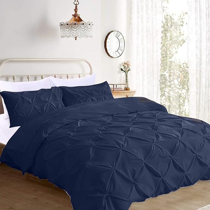 Pinch Pleated Duvet Cover Set 100% Brushed Microfiber 3PC Super King Plus Size 120x120 Duvet Cover Set, Decorative Pinch Design Navy Blue Duvet Cover with Matching Pillow Case