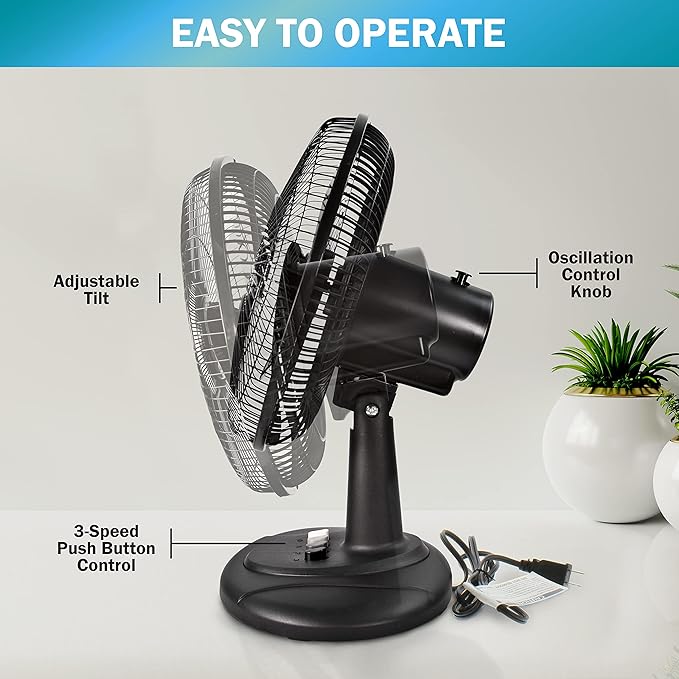 Comfort Zone Oscillating Table Fan with Adjustable Tilt, Convenient Push Button Controls, Quiet, 12 inch, 3 Speed, Desk Fan, Airflow 7.25 ft/sec, Ideal for Home, Bedroom, Dorm & Office, CZ121BK