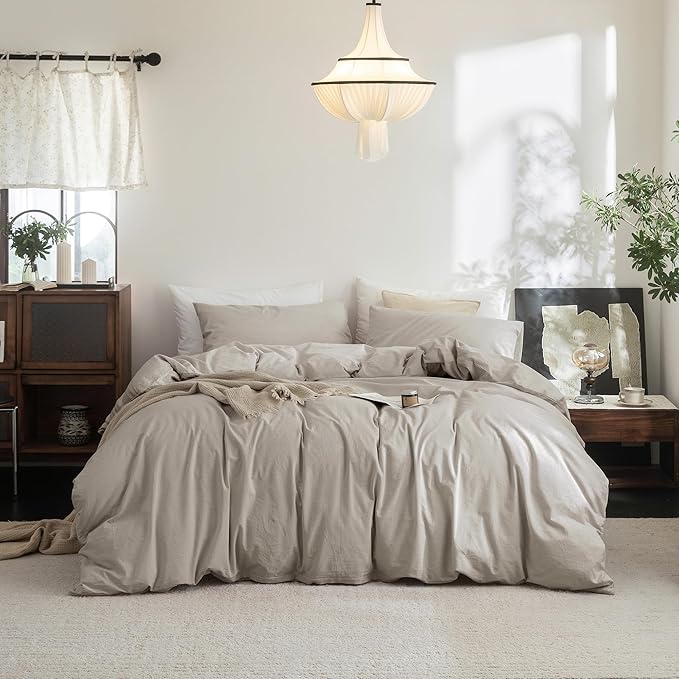 FOSSA Duvet Cover Set 100% Washed Cotton Linen Feel Super Soft Breathable Cozy 3 Pieces Bedding Sets Solid Cream Grey Queen