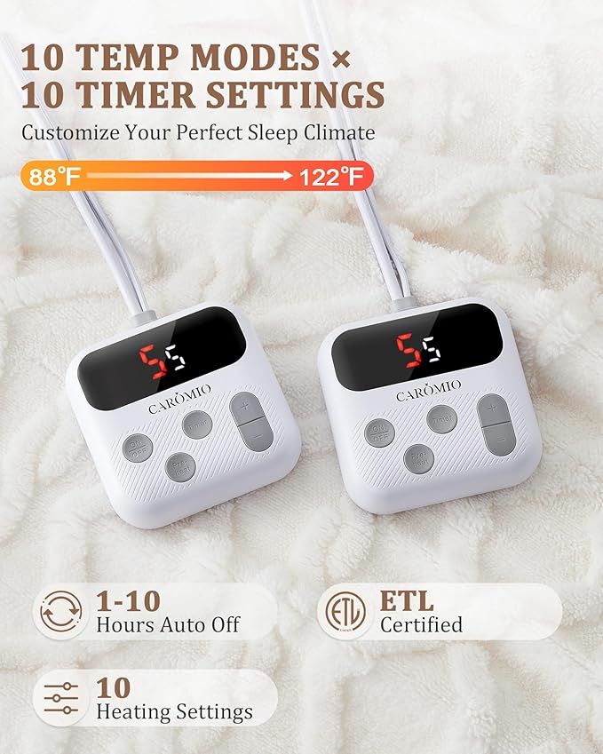 CAROMIO Electric Blanket King Size Dual Control - Thick Tufted Sherpa Heated Blanket with 10 Heating Levels and 10 Time Settings, ETL Certified Fast Heating Blankets King Size 90"×100", White