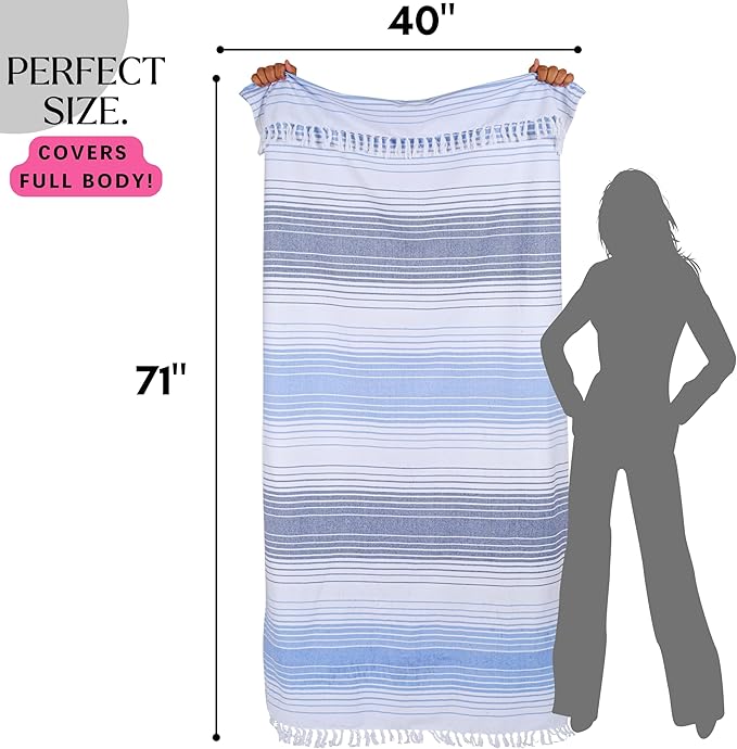 Native Fab Turkish Stripe Beach Towels Set of 6-40x71 Inches 100% Cotton Quick Dry Lightweight - Extra Large Thin Sand Free Peshtemal Towel for Adults Travel Bath Spa Pool Gym Camp, Navy Blue