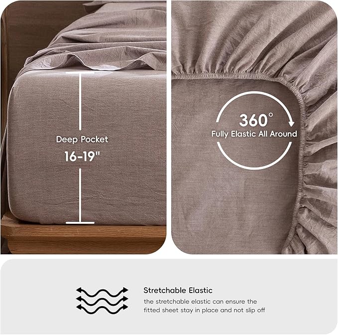 MooMee Bedding Sheet Set 100% Washed Cotton Linen Like Textured Breathable Durable Soft Comfy (Heathered Mauve Brown, California King)