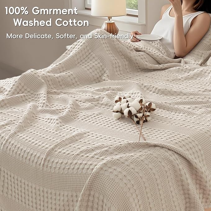 PHF 100% Cotton Waffle Blanket Oversized King 120"x120", Lightweight Breathable Extra Large 10'x10' Blankets for Bed, Giant Big Luxury Aesthetic Woven Bedding for Home Decor, Oatmeal