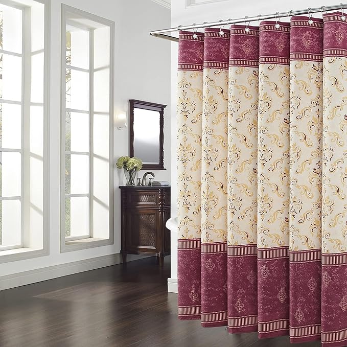 Long Fabric Shower Curtain, Burgundy and Gold Damask Print Shower Curtains for Bathroom, Classic Baroque Bathroom Curtains, 62" W x 78" H