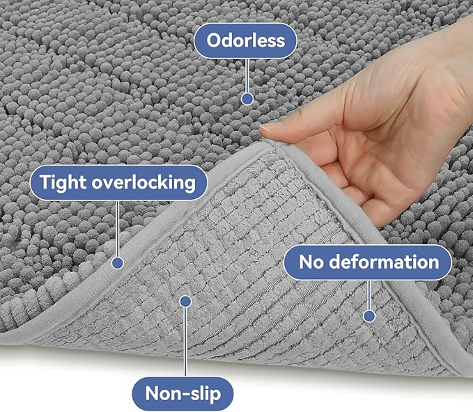Bcoimo 36"×24" Chenille Bath Mat – Non-Slip with Backing Bath Rug Ultra-Absorbent and Machine Washable Bathroom Mat Quick-Dry Design. Ideal for Bathroom and Tub Areas
