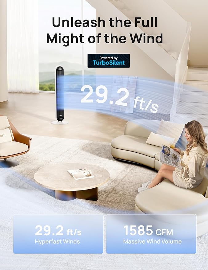 Dreo Tower Fan and Heater Combo, 29.2ft/s Standing Fans for Bedroom, 17 Levels, 6 Modes, 120° Oscillation, 42 Inch, 12H Timer, 25dB Quiet, with Remote, for Office, Large Room, White