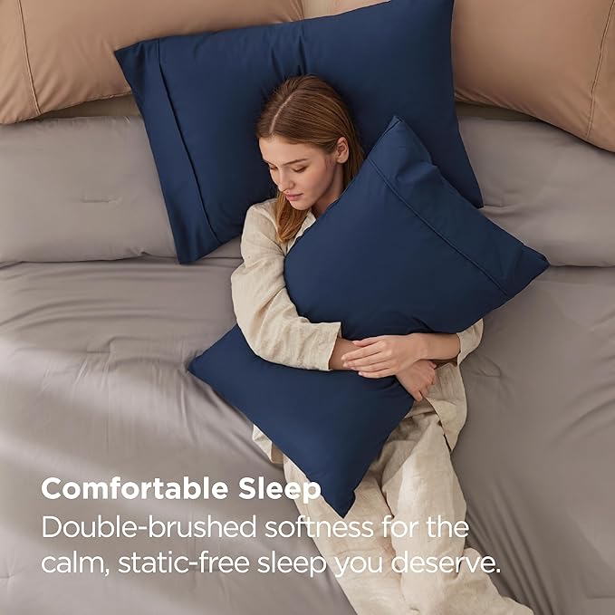 Bedsure Pillow Cases Standard Size Set of 2 - Navy Microfiber Pillowcases, Super Soft and Cozy Double Brushed Pillow Case Covers with Envelope Closure, Wrinkle, Fade and Stain Resistant, 20x26 Inches