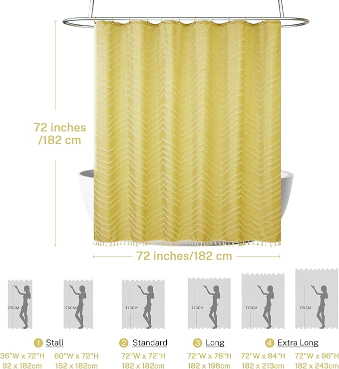 Yellow Boho Shower Curtain with White Tassel - 72 x 72 Modern Farmhouse Textured Tufted Chevron Striped Minimalist Bathroom Shower Curtain