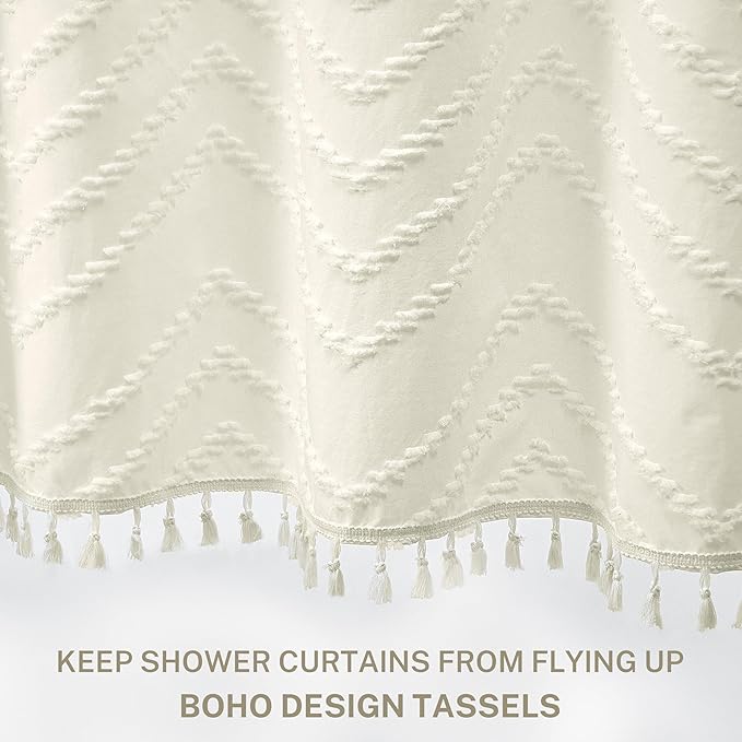 Farmhouse Boho Shower Curtain, Woven Fabric Cream Long, 72 x 78, Tufted Chevron Striped Modern Chic Textured Minimalist Bathroom Curtain