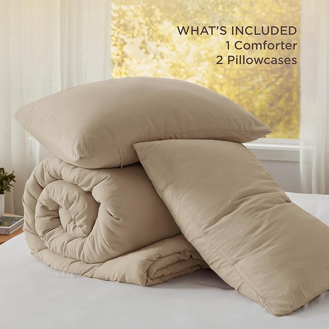 Bedsure King Size Comforter Set, Khaki Soft Prewashed Bedding for All Seasons, 3 Pieces GentleSoft™ Warm Down Alternative Bed Set, 1 Lightweight Comforter (104"x90") and 2 Pillowcases (20"x36")