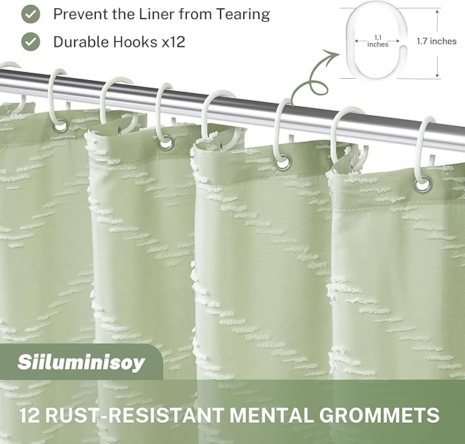 Extra Long Sage Green Boho Shower Curtain with White Tassel, Woven Fabric 84 in Shower Curtain, Tufted Chevron Striped, 72 x 84, Modern Chic Textured Minimalist Bathroom Shower