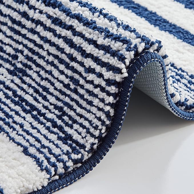 CozeCube Bath mats for Bathroom Non Slip, Fluffy Absorbent Microfiber Bath mat Washable, Aesthetic Bathroom Rugs, Cute Navy Blue Striped Bath mat, Navy Blue, 32" x 20"