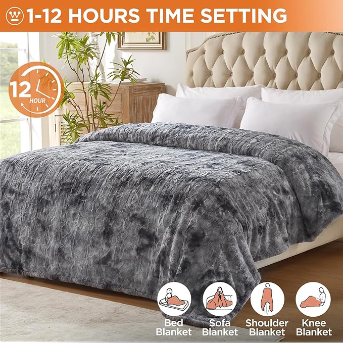 Westinghouse Electric Blanket Queen, Faux Fur Heated Blanket with 10 Heating Levels & 1-12 Hours Auto Off, Soft Cozy Sherpa Heated Blanket Washable Blanket (84" x 90" Queen Size, Grey)