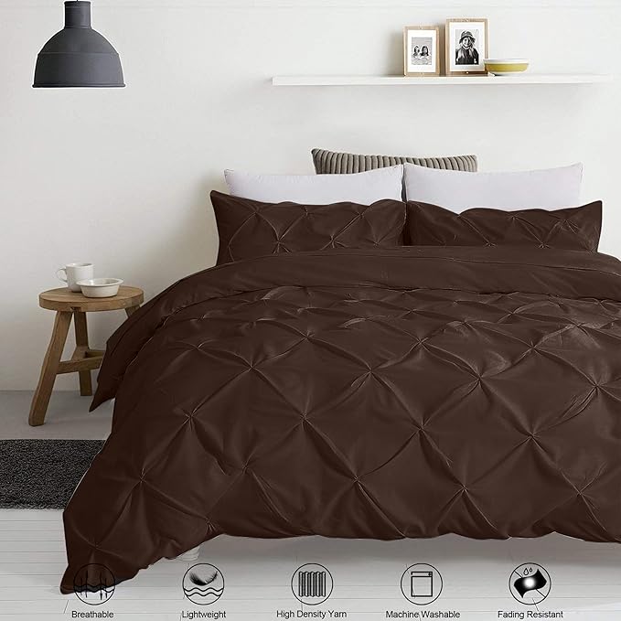 Pinch Pleated Duvet Cover Set 100% Brushed Microfiber 3PC Super King Plus Size 120x120 Duvet Cover Set, Decorative Pinch Design Brown Duvet Cover with Matching Pillow Case