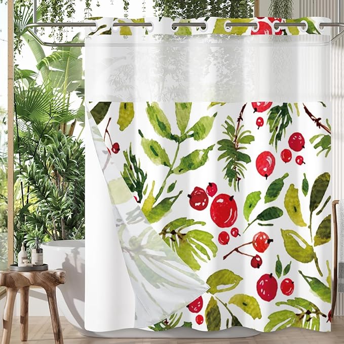 Floral Shower Curtain No Hooks with Snap-in Liner,Botanical Shower Curtains,Watercolor Fabric Holly Berry Shower Curtain Set,with See Through Top Window for Bathroom Decor,71 x 74 Inch