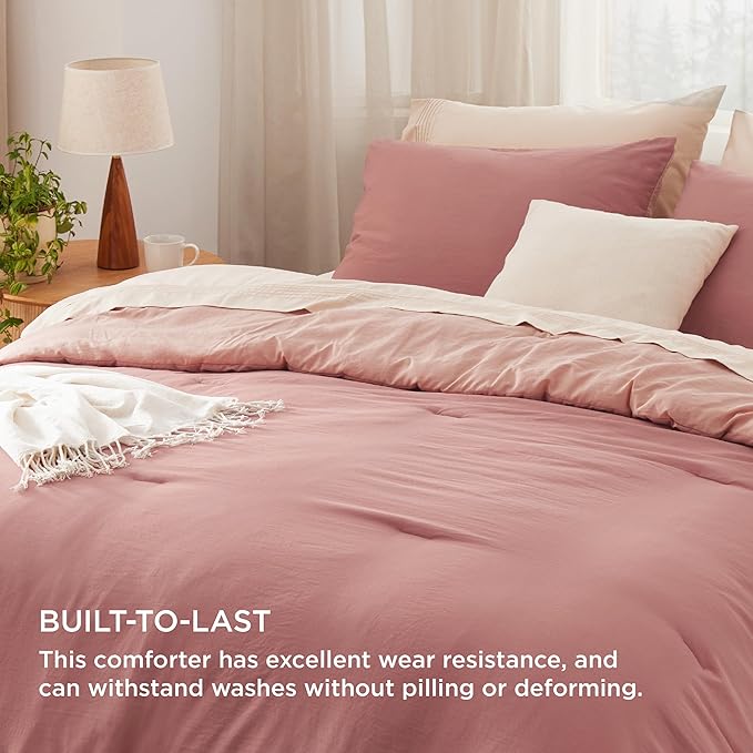 Bedsure Full Size Comforter Set, Reversible Pink Clay Soft Prewashed Bedding for All Seasons, 3 Pieces Warm Down Alternative Bed Set, 1 Lightweight Comforter (82"x86") and 2 Pillowcases (20"x26")