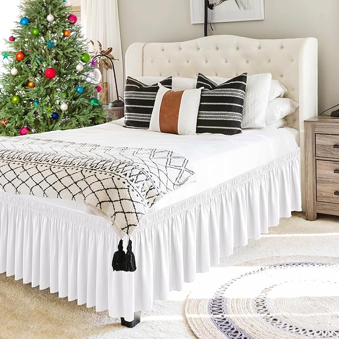 Biscaynebay Wrap Around Bed Skirts for Queen Size Beds Extra Short Drop of 9", White Elastic Dust Ruffles Easy Fit Wrinkle & Fade Resistant Silky Luxurious Fabric Solid Machine Washable