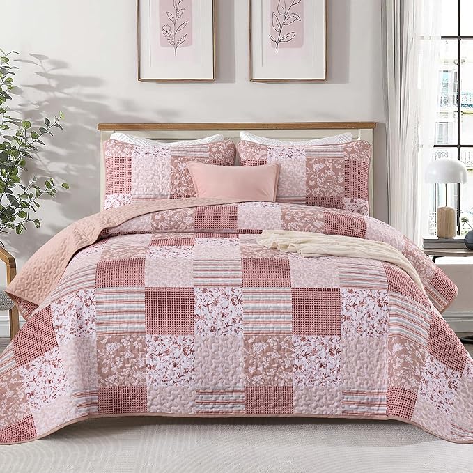 Mybedsoul Patchwork Quilt Set King Size, 3 Pieces Pink Floral Plaid Bedspread Coverlet Set, Reversible Soft Microfiber Bedding Set for All Season, Fall Winter King 90"x104"