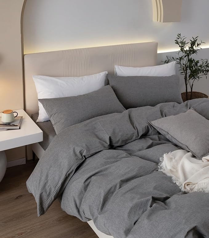 JIYUAN 100% Washed Cotton Duvet Cover Set 2 Pieces Twin, 1 Duvet Cover 68x90 Inches (Comforter Not Included) and 1 Pillowcases,Linen Feel Bedding Set Comfy and Breathable, Heathered Dark Grey