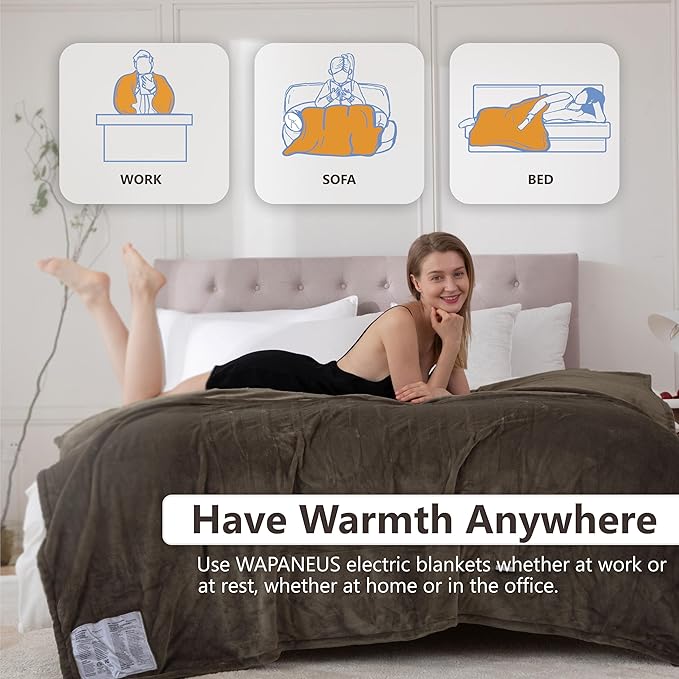 Wapaneus Heated Blanket Electric Twin Size 62"x84" with 10 Heating Levels 12 Timer Settings 8 Hours Auto-Shut Off,Flannel Fast-Heating Electric Blanket,ETL Listed Machine Washable,Dark Brown