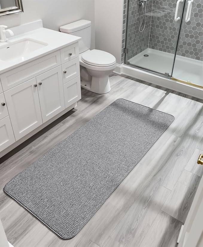 Bath Mat,Ultra Thin Bathroom Runner Rugs,Large Bath Mats for Bathroom,Quick Dry,Non-Slip,Machine Washable,Low Pile,Bath Rug,Shower Outside,Sink,Home Decor Accessories.Grey,2'x5'（24x60inch）