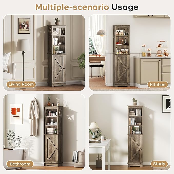 Tall Bathroom Storage Cabinet with Door and Open Adjustable Shelves, 60.9" H Wooden Tower Corner Narrow Farmhouse Cabinet, Freestanding Organizer for Kitchen, Entryway Grey