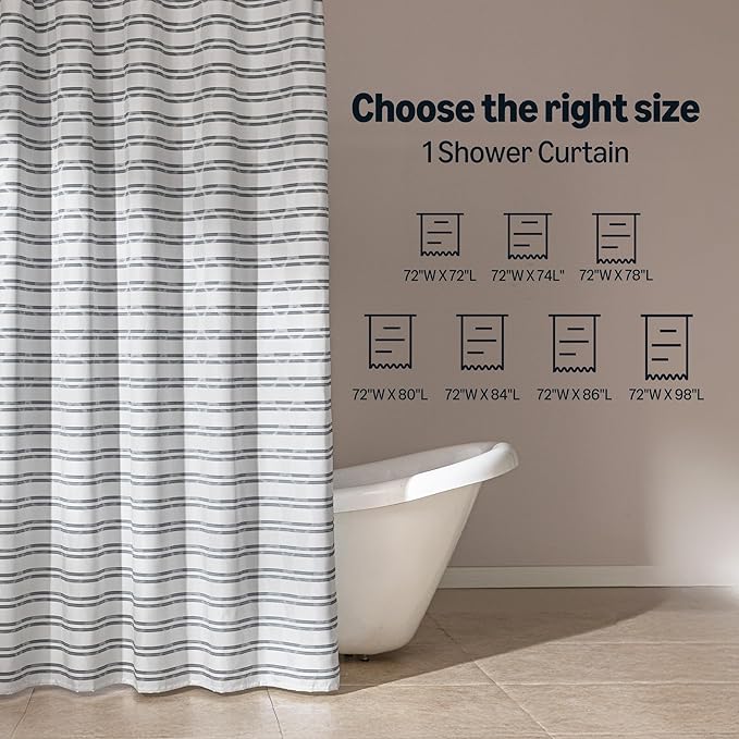 Amazon Basics Geometric Jacquard Fabric Shower Curtain for Bathroom, Lightweight, Waterproof and Washable, 72" W x 74" L, Grey Striped
