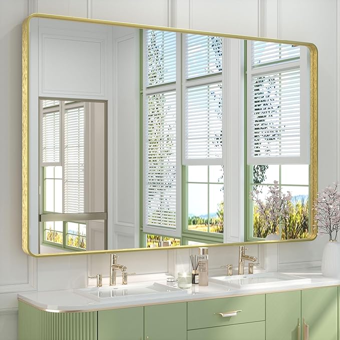 TETOTE 60 x 40 Inch Brushed Gold Frame Mirror, Brass Bathroom Vanity Mirror for Wall, Modern Rectangle Round Corner Matte Framed Mirror (Horizontal/Vertical)