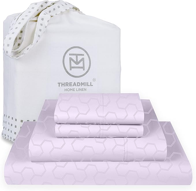 Threadmill 100% Cotton Sheets for King Size Bed | Damask Sateen All-Season 500Thread Count 4 Pc King Bed Sheets Set | Soft, Breathable Hotel Quality | Snug Fit Elastic Deep Pocket King Sheets | Lilac