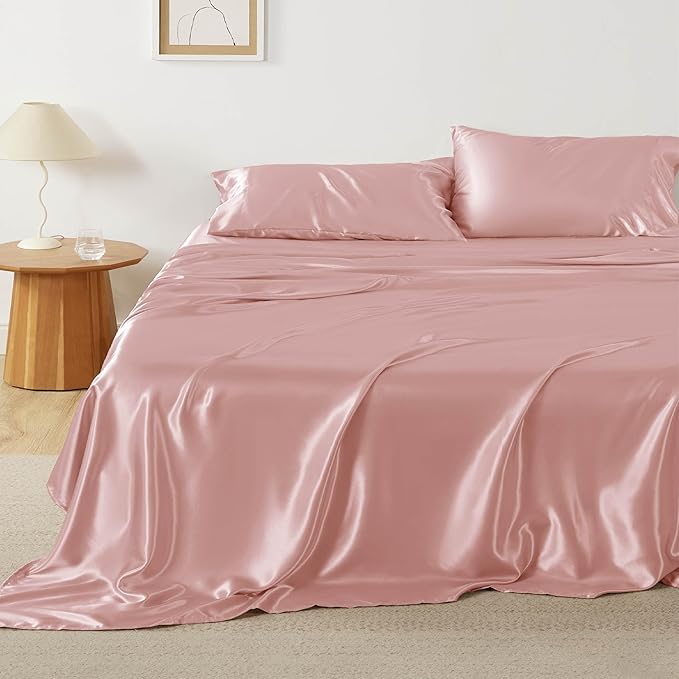 Bedsure Satin Sheets Full Size - 4 Piece Silky Bedsheets with 15 Inches Deep Pocket Fitted Bedsheet,1 Flat Sheet, 2 Satin Pillowcases, Good for Hair & Skin (Full, Blush Pink)