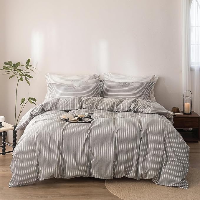 Stripe Duvet Cover Super Queen Size 98inch x 90inch, 100% Washed Cotton Linen Feel Duvet Cover with Zipper Closure and 2 Pillowcases, Color of Grey-White Stripe