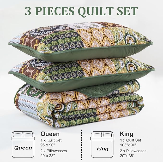 WONGS BEDDING Boho Quilt Set Queen Size, Plaid Patchwork Bedspread Bedding Set Soft Microfiber Quilt for Queen Bed Reversible 3 Pieces Coverlet Set for All Season (Brown Olive 96"x90")