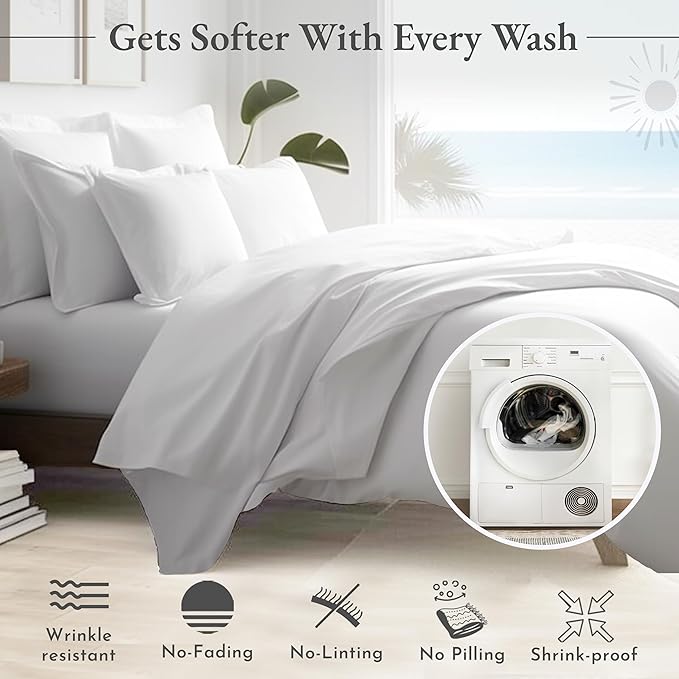 California Design Den Stripe Duvet Cover Queen Size, 400 Thread Count Sateen 100% Cotton Comforter Cover, 2 Pillow Shams, 3-Pc Bedding Set, Button Closure, Corner Ties (White Stripes, Full/Queen)