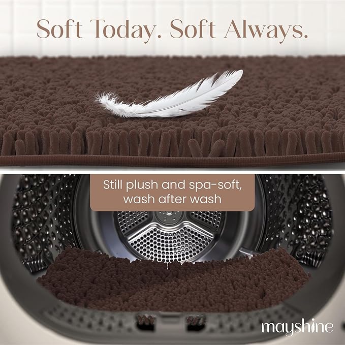MAYSHINE Plush Shaggy Chenille Bath Mat | Extra Soft, Super Absorbent, Non-Slip Bathroom Rug | Fluffy Microfiber, Area Rug Sets for Bathroom Floor, Kitchen, Living Room | 59"x31" | Brown